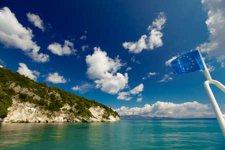 View of beautiful beach and sea from tourist boat, Zakynthos  island, Greeceの写真素材