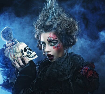 Picture a beautiful fantasy woman with skull. Halloween theme. Party theme.