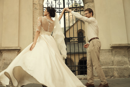 caucasian happy romantic young couple celebrating their marriageの写真素材