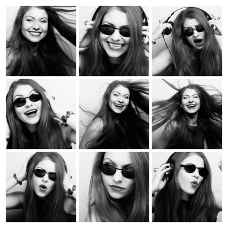 Young woman performing various expressions with her face. Black and white picture.の写真素材