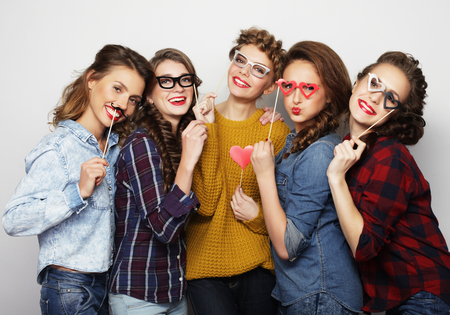 five  sexy hipster girls best friends ready for partyの写真素材