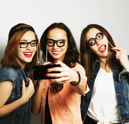 funny girls, ready for party, selfieの写真素材