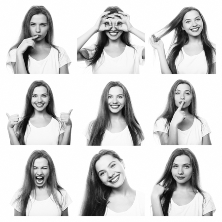 Collage of woman different facial expressions. Black and white picture.の写真素材