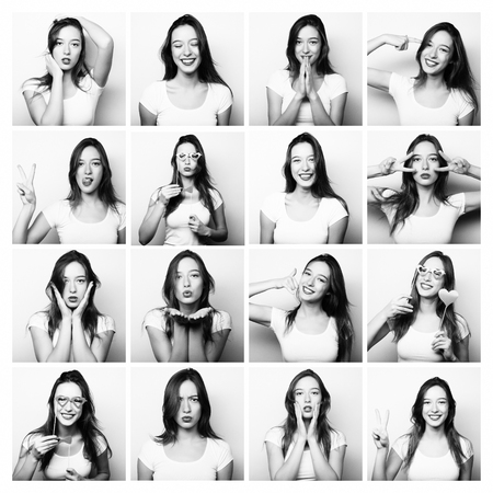 Collage of woman different facial expressions. Black and white picture.の写真素材