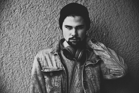 Hipster man portrait in black and white, summer timeの写真素材