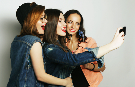 funny girls, ready for party, selfieの写真素材