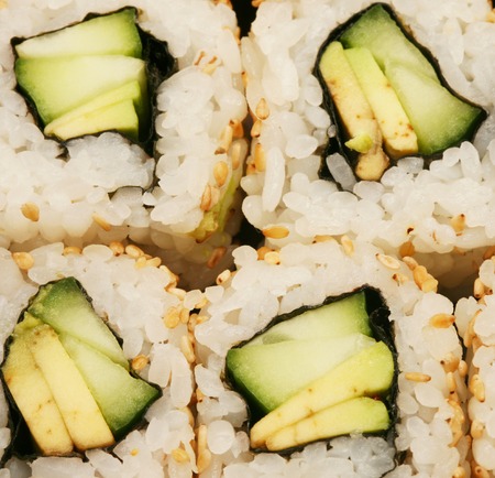 Photo of a Japanese vegetarian sushi roll close upの写真素材