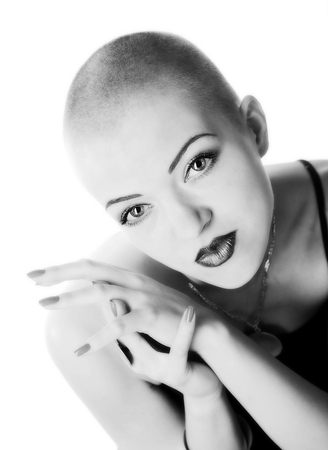 Bald-headed girl, black and whiteの写真素材
