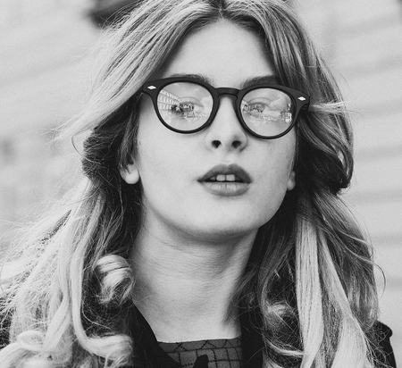 blonde gir  in the  summer city, black and white pictureの写真素材