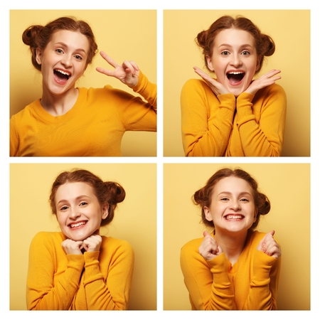 collage of young  woman different facial expressionsの写真素材