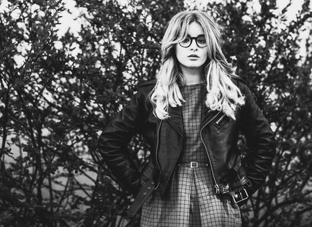 lifestyle, fashion and people concept: girl in the city, black aの写真素材