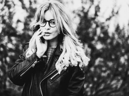 young woman in the city, summer time, black and white pictureの写真素材