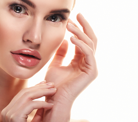 Adult woman portrait, skin care concept, beautiful skin and handの写真素材