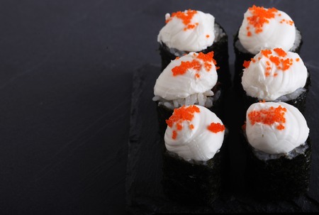 Maki rolls with over grey background. Japanese Sushi. close up.の写真素材