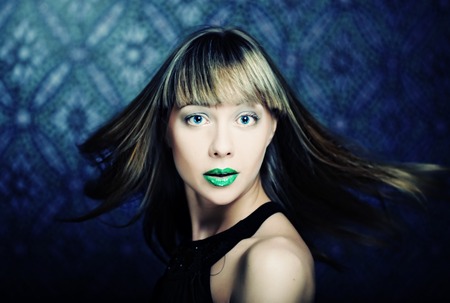 Model with green lipsの写真素材