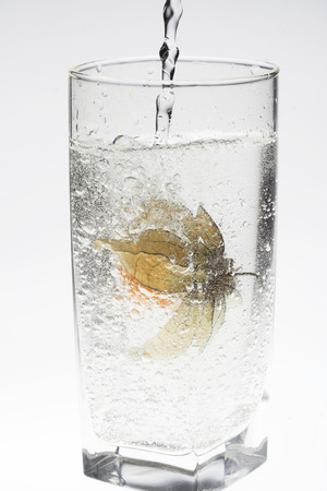 Fruit of the winter cherry in glass of waterの写真素材