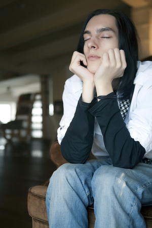 man with dark long hairの写真素材