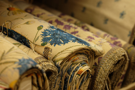 Rolls of fabric and textiles in storeの写真素材