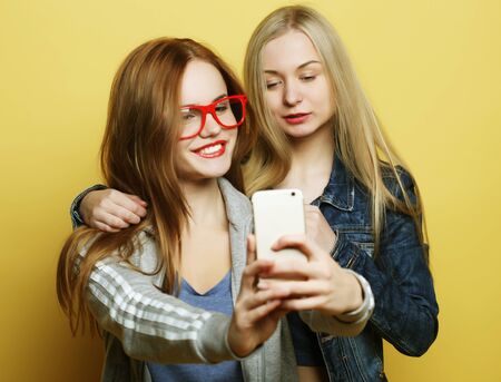 Two teenage girls friends in hipster outfit make selfie on a phone