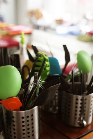 Kitchen cutlery kept in box, close upの写真素材