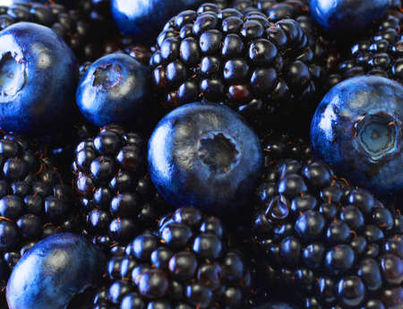 Blueberry and Blackberry background. Ripe and juicy fresh picked ripe berries backdrop, closeup.の写真素材