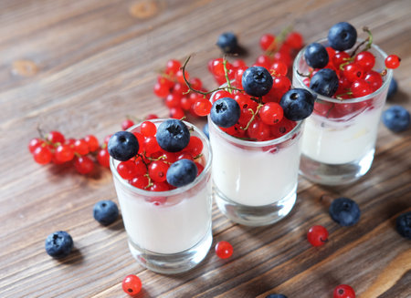Healthy breakfast - yogurt with fresh berries in glass jar, on wooden backgroundの写真素材