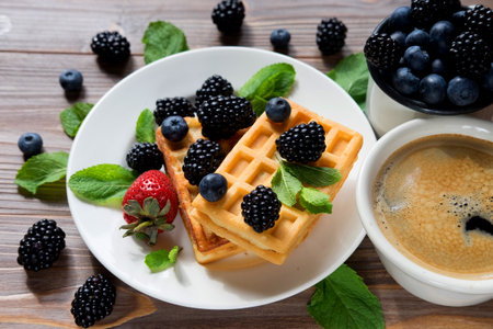 Blackberry waffles with blueberries and a cup of coffee for breakfast. Good morning.の写真素材