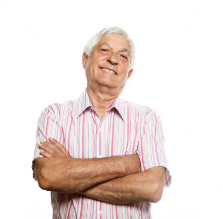 Portrait of healthy happy smile senior elderly caucasian old man face with arm crossed isolated on...