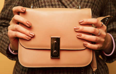 ladies handbag. Close-up female hands holding a handbag. Style and fashion concept.の写真素材