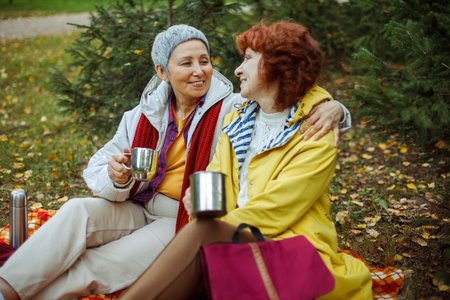 Two elderly women are sitting on a plaid blanket in the forest, drinking coffee, talking, having fun. lifestyle concept.の写真素材