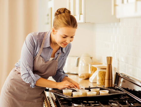 A young woman bakes muffins, takes them out of the oven, puts the pastries in the oven. food and...