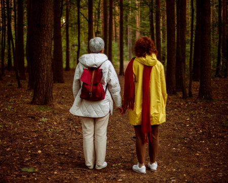 Two old female friends hiking together through the forest in autumn. back view. lifestyle concept.の写真素材