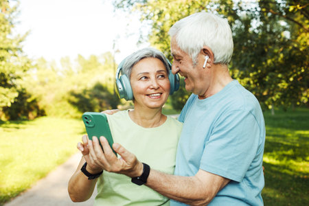 technology, relationship and old people concept - happy senior couple with smartphone taking selfie...