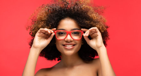 Happy Afro woman wearing eyeglasses smiling, has good mood isolated on studio red background.の写真素材
