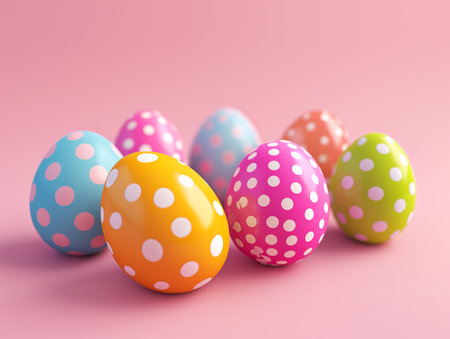 Colorful easter eggs over pink color background. Polka dot ornament.の写真素材