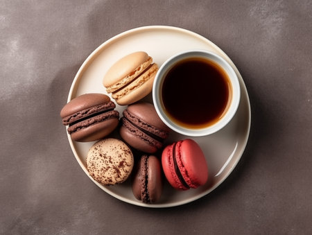 Colorful macaroons. Sweet macarons and cup of coffee flat lay. Holiday time concept.の写真素材