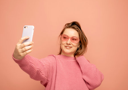 Cheerful happy funny woman 40s wearing casual sweater posing doing selfie shot on mobile phone over pink backgroundの写真素材