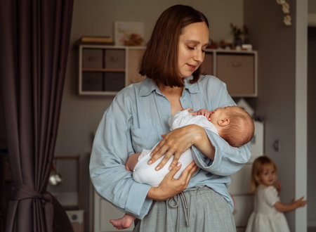 Close-up portrait of young mother holding newborn baby in her arms, wearing blue shirt at home. Young woman posing to camera while hugging new born child.の写真素材