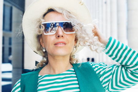 Blond Woman Outdoor Portrait. Green outfit with hat. Fashion trend of summer or spring.の写真素材