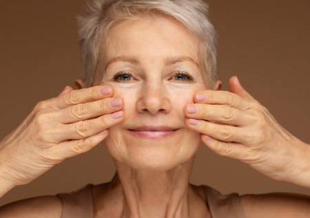 Portrait of gorgeous happy mature woman, senior older 60 year lady looking at camera touching her face.の写真素材