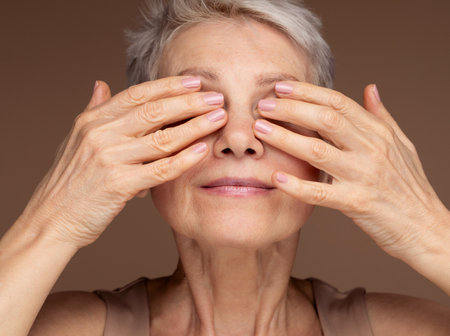 Portrait of happy mature woman, senior older 60 year lady looking at camera touching her face.の写真素材