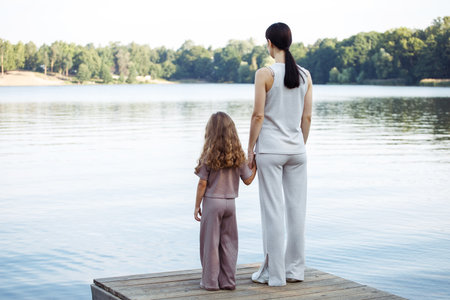 A young mother and her six-year-old daughter stand on a pier near a lake and look at the water, view from behind.の写真素材