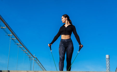 A woman doing arm exercises with rubber bands outdoors early in the morning.