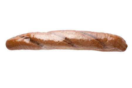 Fresh bread in plastic bag isolated on white background.  Bread viewed from aboveの写真素材