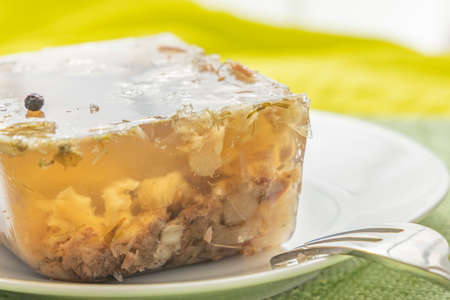 Jellied beef on a plate with fork. A piece of jelly from meat. Closeup.の写真素材