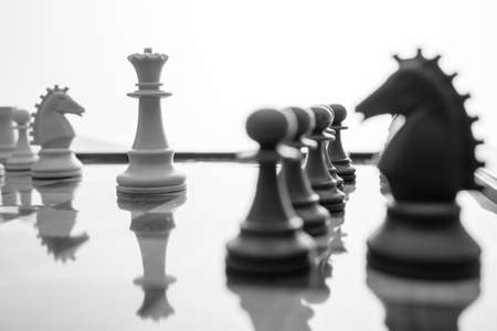 Image of chess pieces on a chessboard. World Chess Day. International Chess Day. July 20. Side view. Closeup. White background. Focus on the back figuresの写真素材