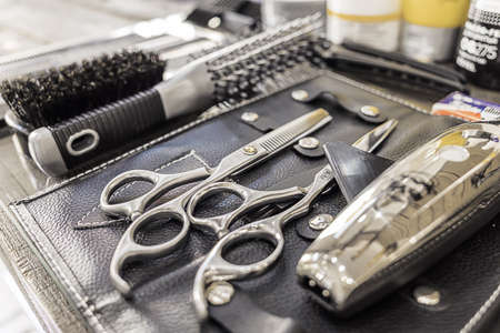 URALSK KAZAKHSTAN JUNE 20, 2020: Barber Tool Kit. Closeup. Side viewのeditorial素材