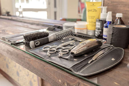 URALSK KAZAKHSTAN JUNE 20, 2020: Barber Tool Kit. Closeup. Side viewのeditorial素材