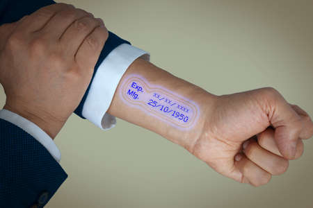 Hi tech biometric control. Lifespan image on hand. Control of person life by computer. Concept of...