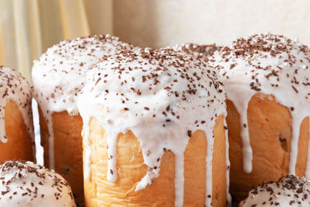 Orthodox Easter. Easter cakes. Traditional Kulich, Paska Easter Bread. Side view. Close upの写真素材